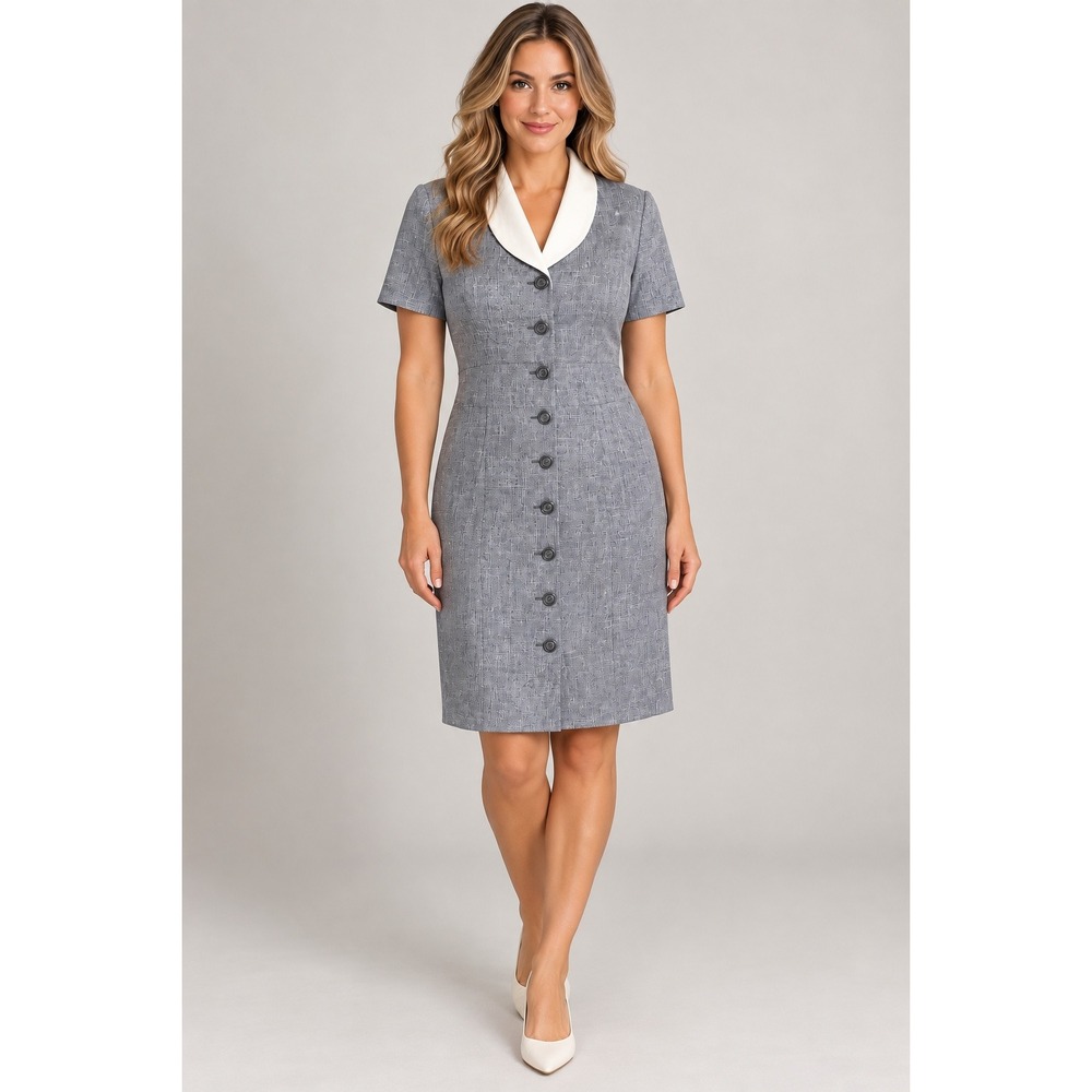 Lois Snyder Dani Max Vintage 80s Grey Button Front Dress White Collar Size 12